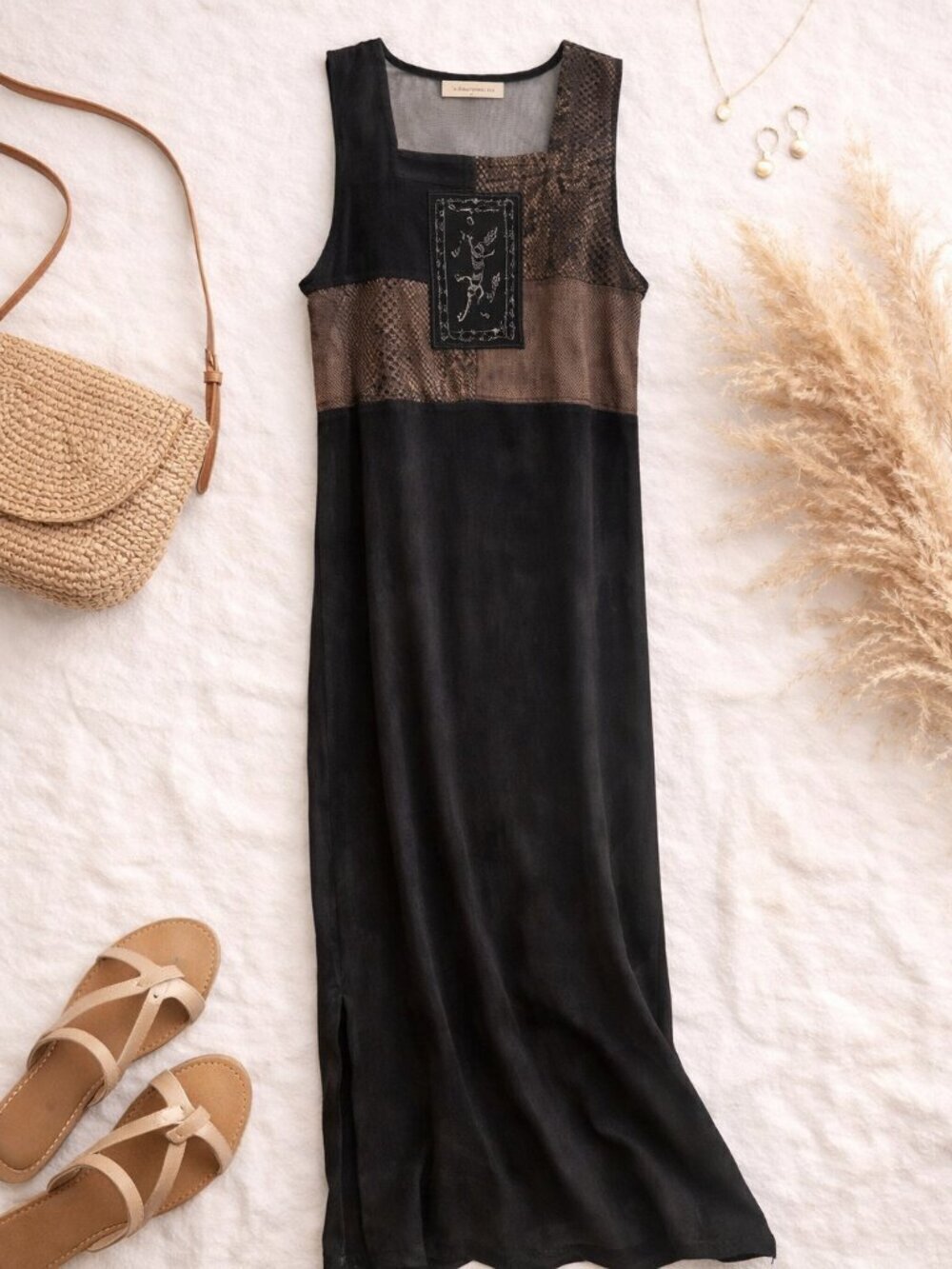 Amanda Smith Black Midi Dress Mesh Panel Sheer Detail Sleeveless Size L